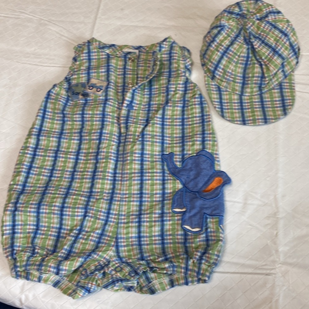 Little Me infant  seersucker plaid, overall shorts, cap blue green plaid